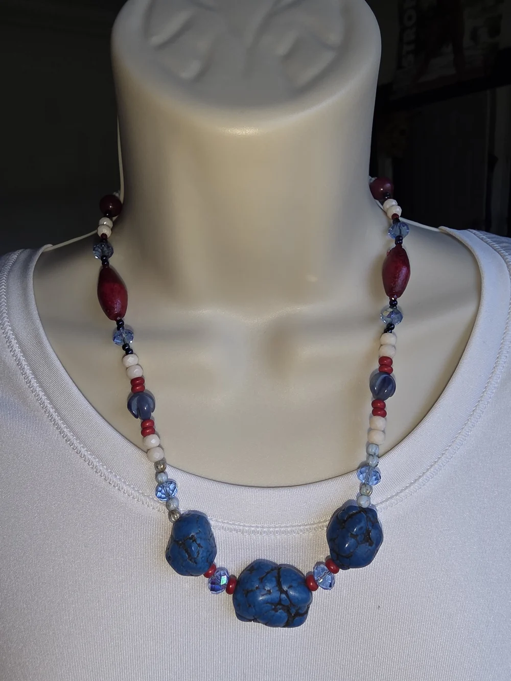 Blue Stone & Red, White Bead Necklace & Owl Charm Bracelet Set